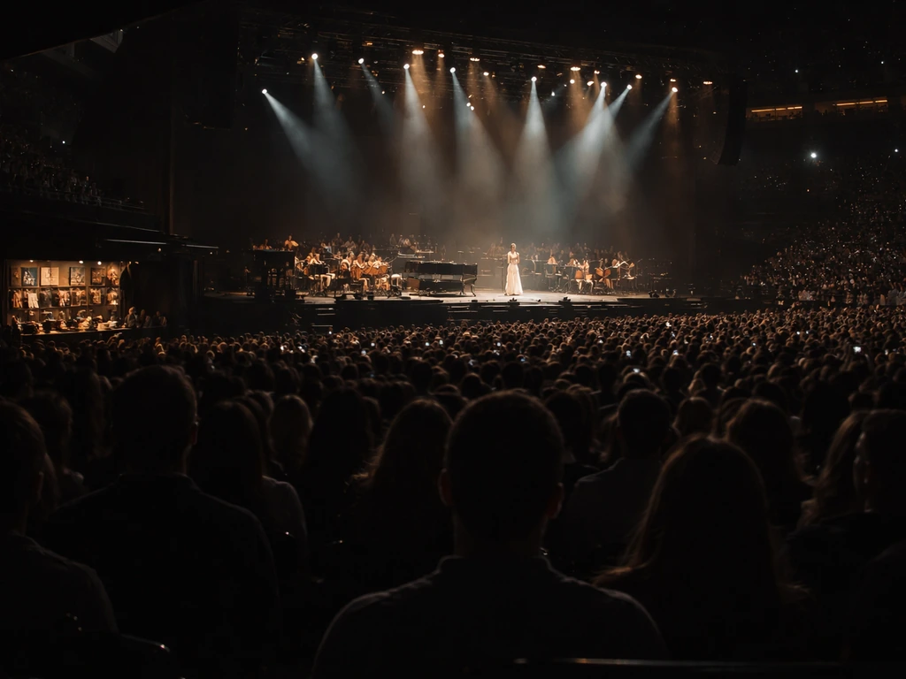 Concert arena scene with a classical-crossover band on stage and subtle merchandising area