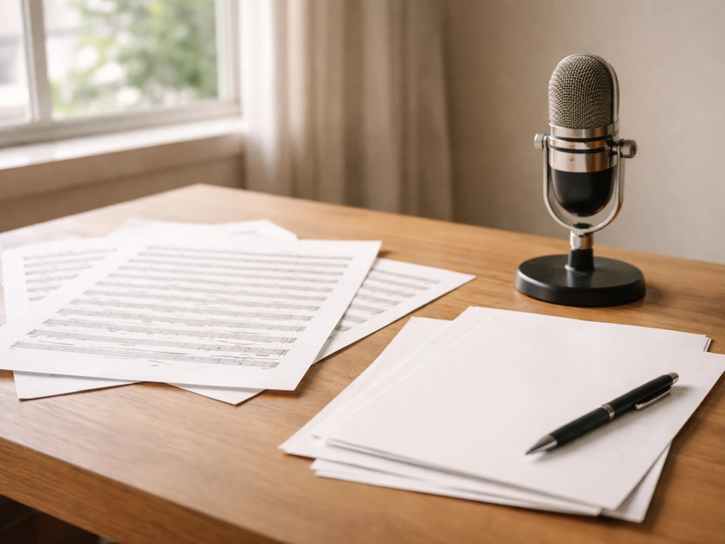 Anonymous music publishing scene with sheet music, contract-like papers, and a studio microphone by a window.