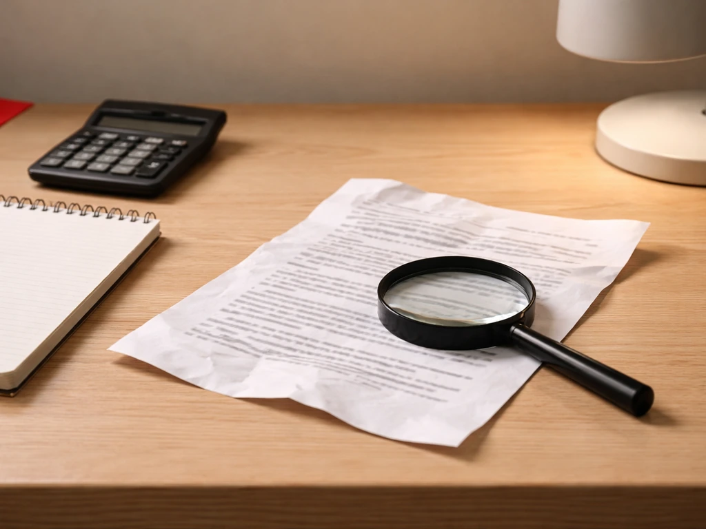 Minimal desk scene with a calculator, notepad, and magnifying glass suggesting fact-checking red flags.