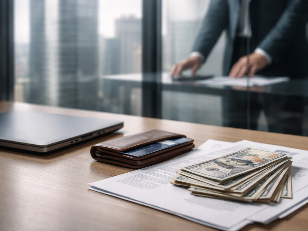 Close-up of a finance desk with a credit card, wallet, and blank bank documents in natural light.
