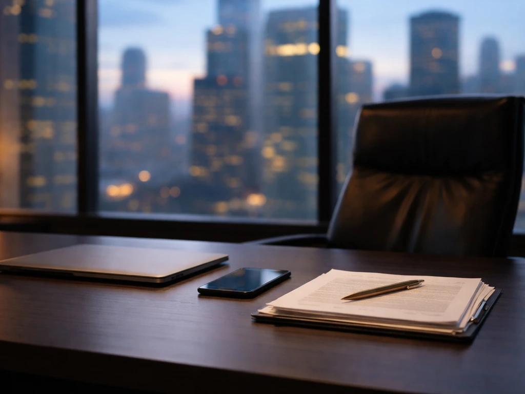 Minimal corporate finance desk with documents, smartphone, and blurred city skyline, suggesting CEO wealth theme.