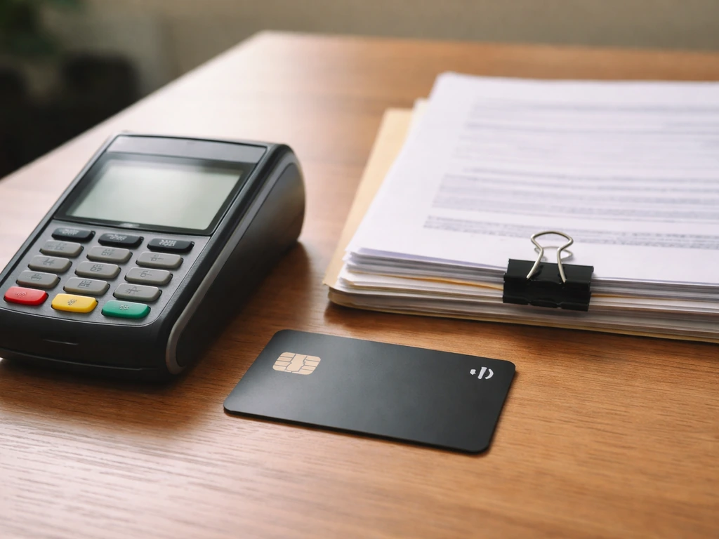Close-up of a payment terminal and credit card on a small-business desk with loan documents nearby