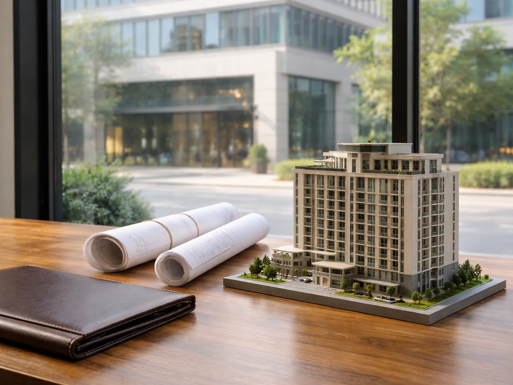 Architect’s desk with a small modern hotel building model and rolled blueprints by a window.