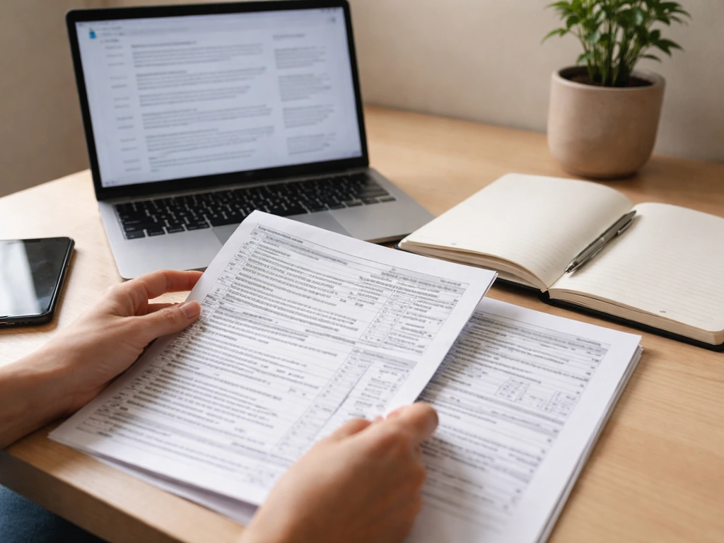 Anonymous hands reviewing printed nonprofit tax documents beside a laptop for due-diligence research.