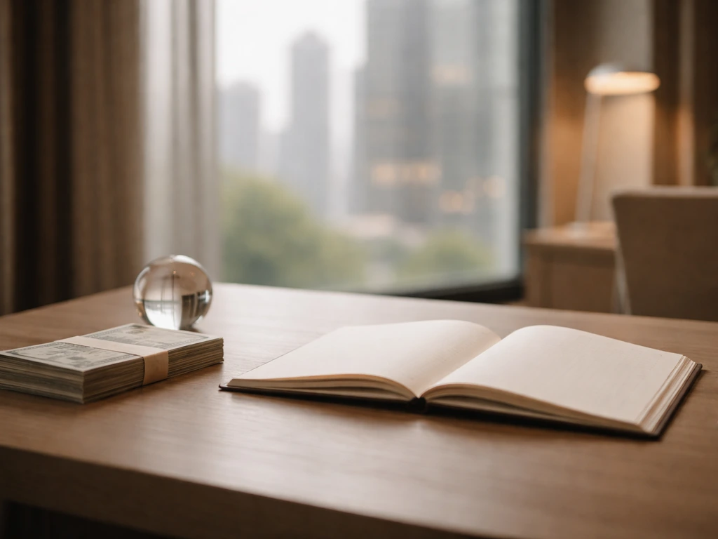 Minimal photo of a luxury desk with a small cash stack and an open ledger, suggesting an estimated net-worth range.