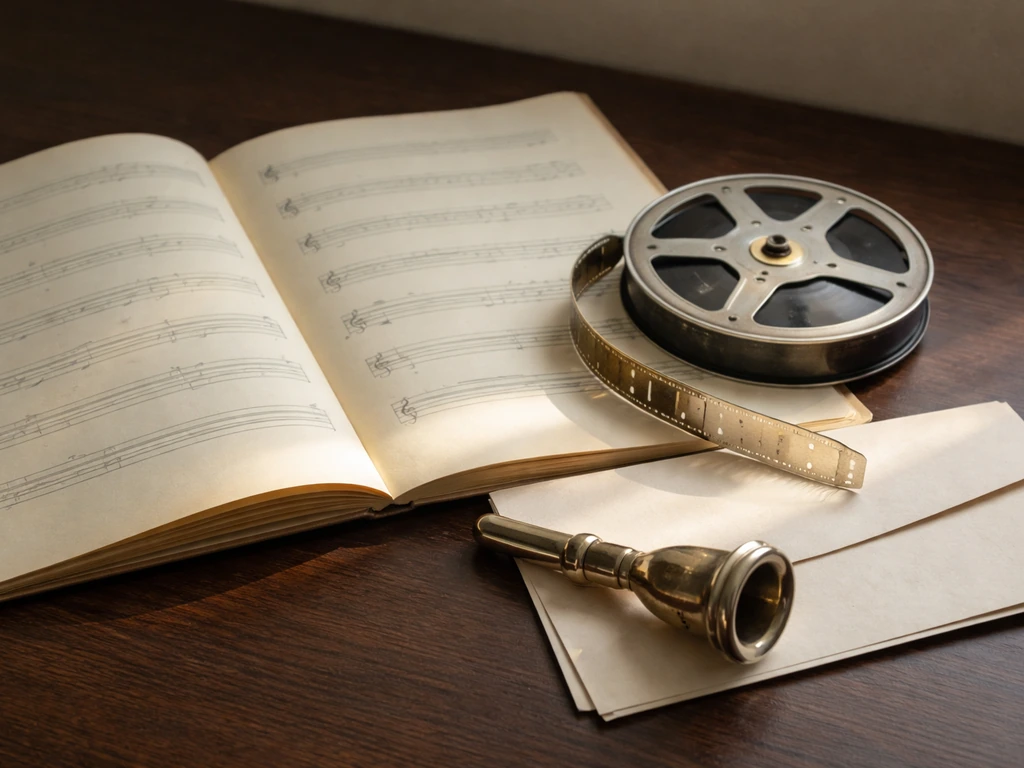 Overlapping sheet music, a film reel, and a brass instrument on a desk to suggest composer income streams
