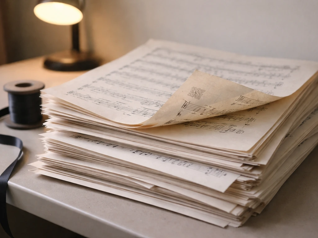 Close-up of sheet music manuscripts on a desk with an embossed stamp-like motif, illustrating music rights.
