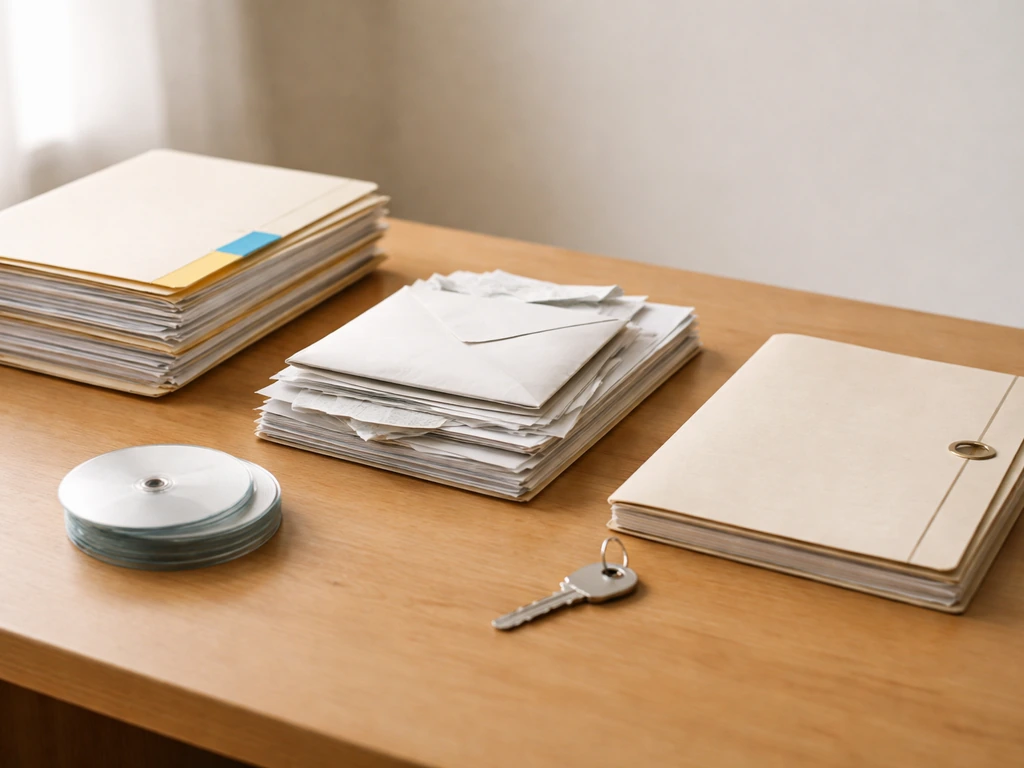 Close-up of three separated stacks of documents with envelopes, symbolizing earnings, net worth, and estate value.