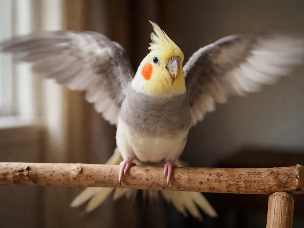 A cockatiel flaps her wings in place on a perch indoors, captured mid-motion in natural light.