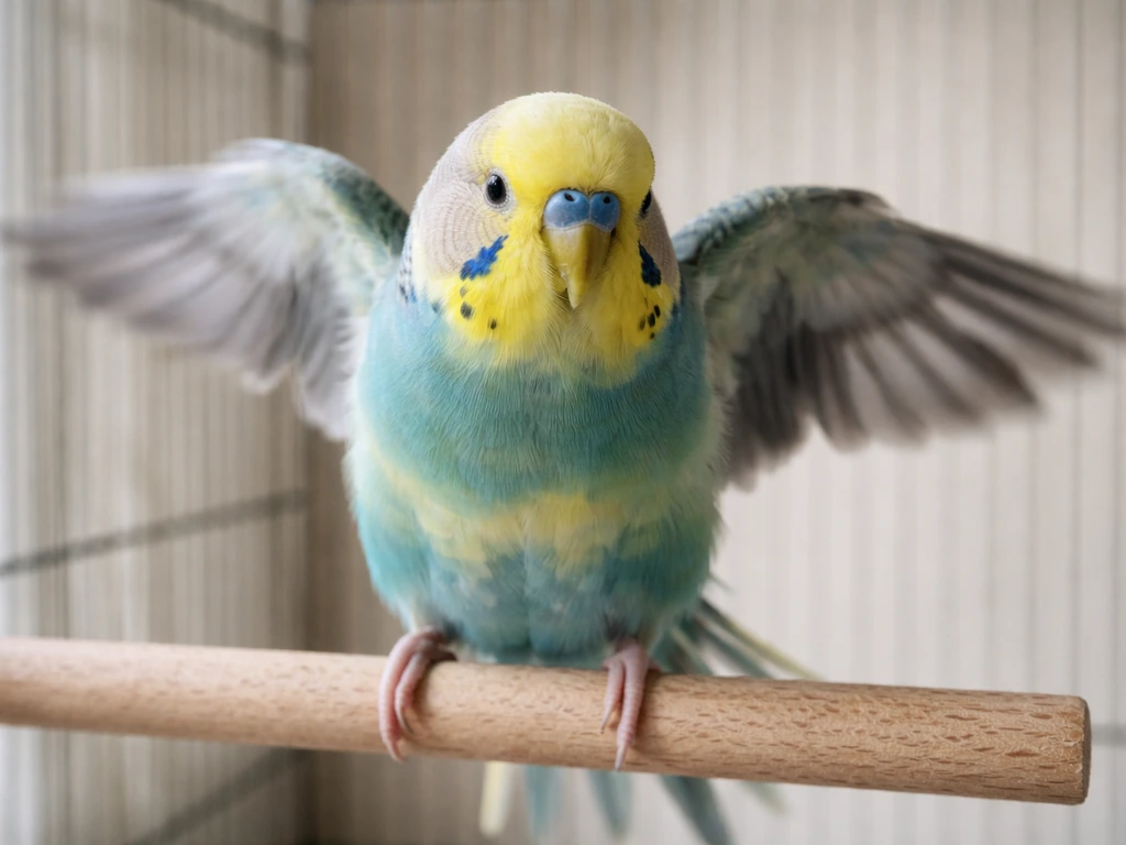 A calm budgie on a perch flaps its wings briefly indoors in a minimal, quiet setting.