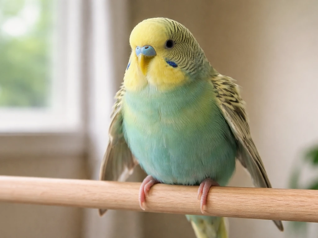 A small parrot perched calmly with relaxed, slightly drooped wings in soft natural light.