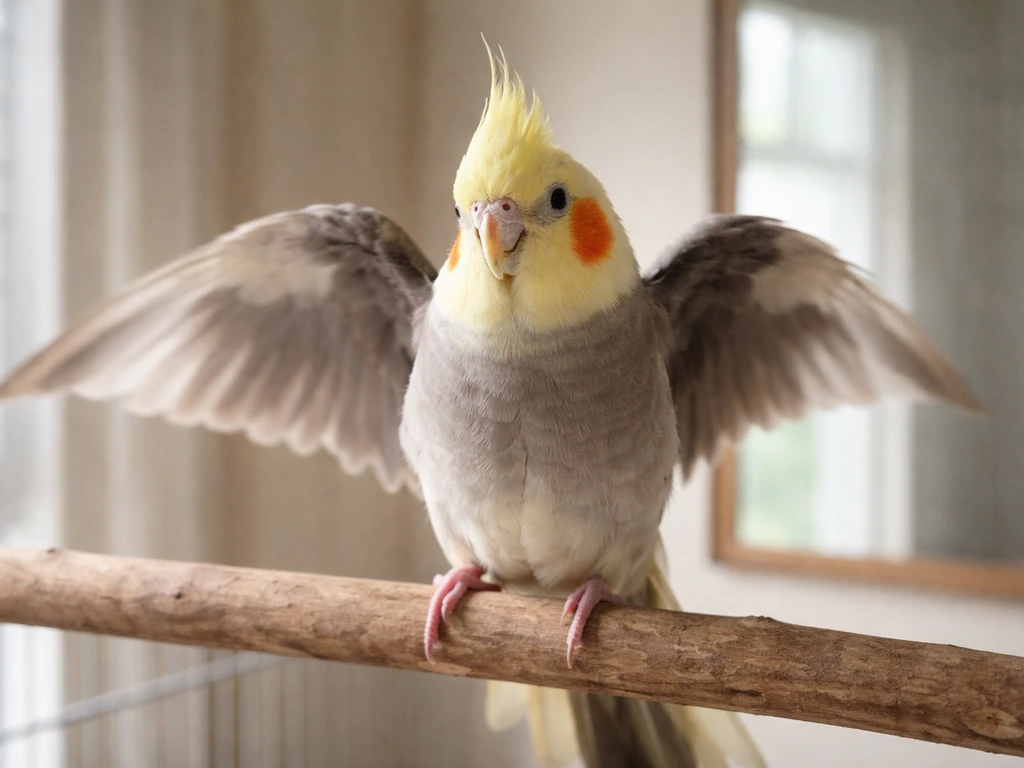 Cockatiel on a perch in an indoor aviary, upright display with wings slightly flared near a mirror.
