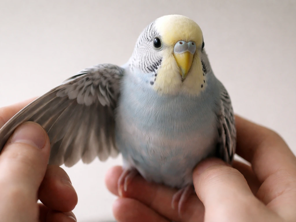 Small pet bird held gently with one wing lower, captured during a careful wing check moment.