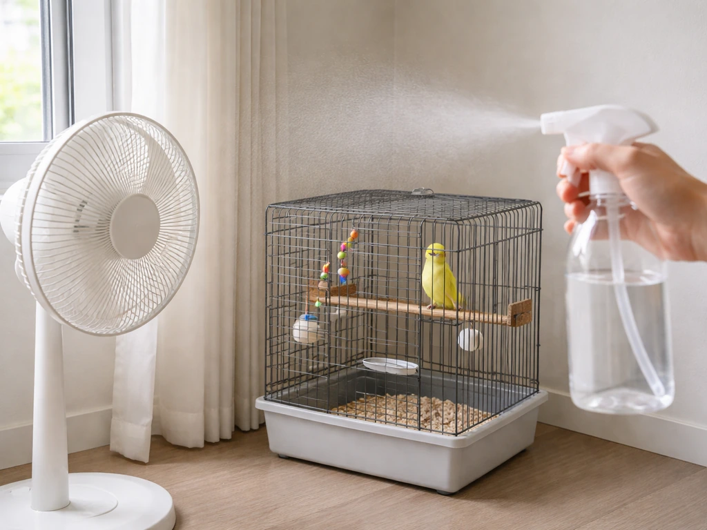 Bird cage in a cooler room area with a fan angled away and a bottle misting room-temperature water.