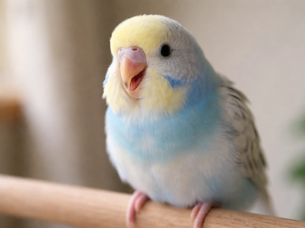 Close-up of a small pet bird perched with open beak in a panting-like posture against a plain indoor background.