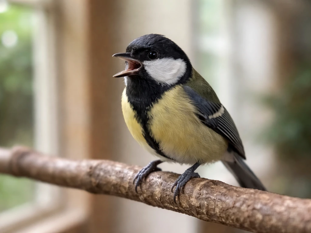 Small bird perched with beak open, showing rapid panting-like breathing in a simple setting.