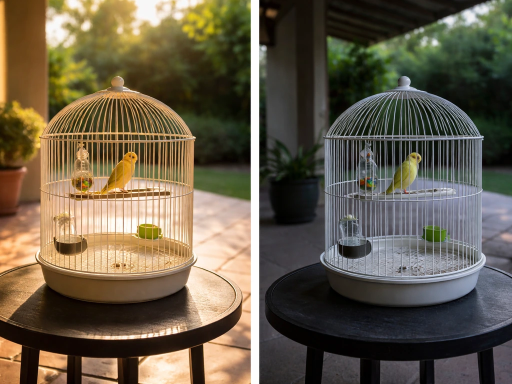 A small birdcage in direct sunlight beside a shaded cooler spot, suggesting overheating from heat and humidity.