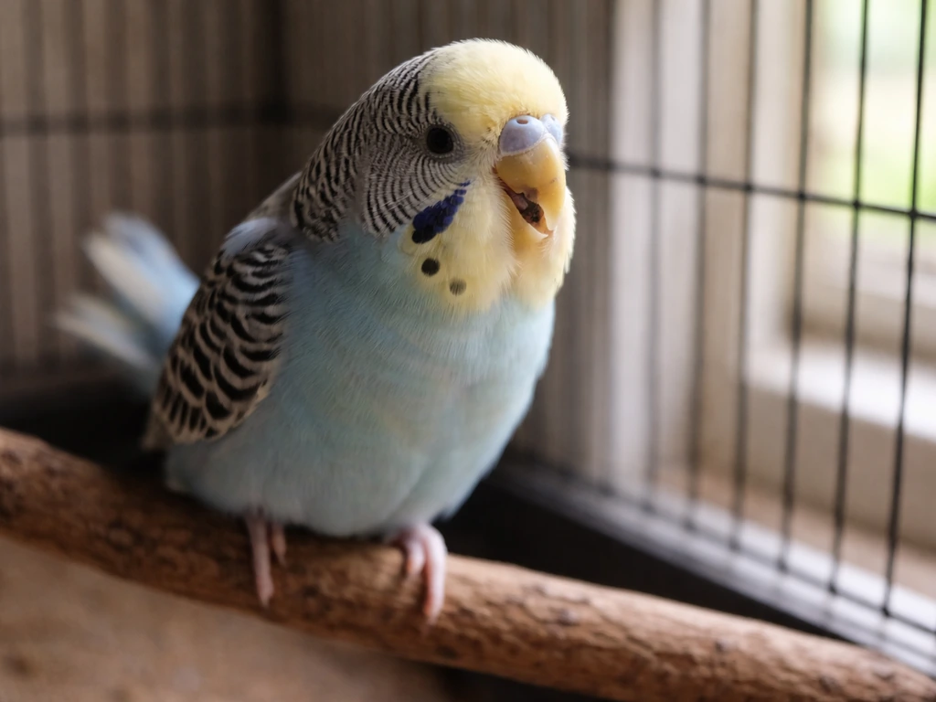 Close-up of a small pet bird in its cage showing visible tail bobbing mid-breath.