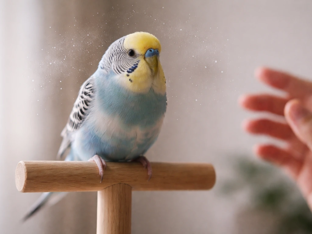Pet bird on a wooden perch with subtle airborne dust particles drifting around it to suggest spread.