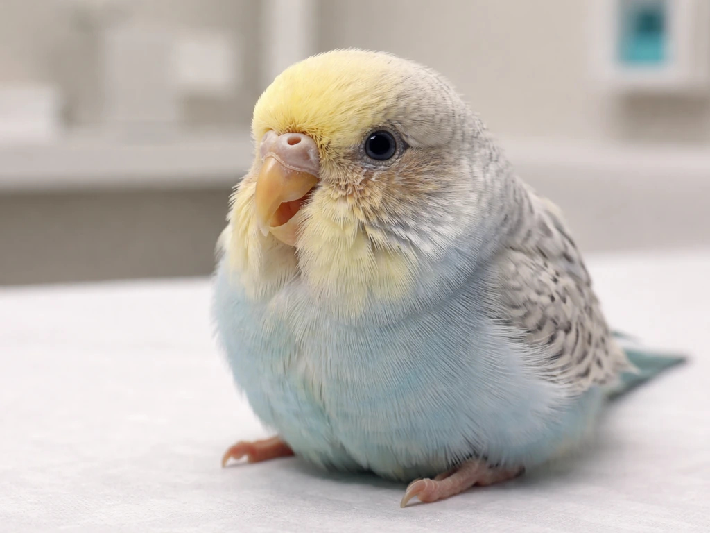 Close-up of a small pet bird with abnormal nasal and eye discharge in a quiet vet-like setting.