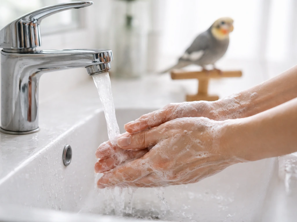 Person washing hands with soap at a sink before handling a pet bird