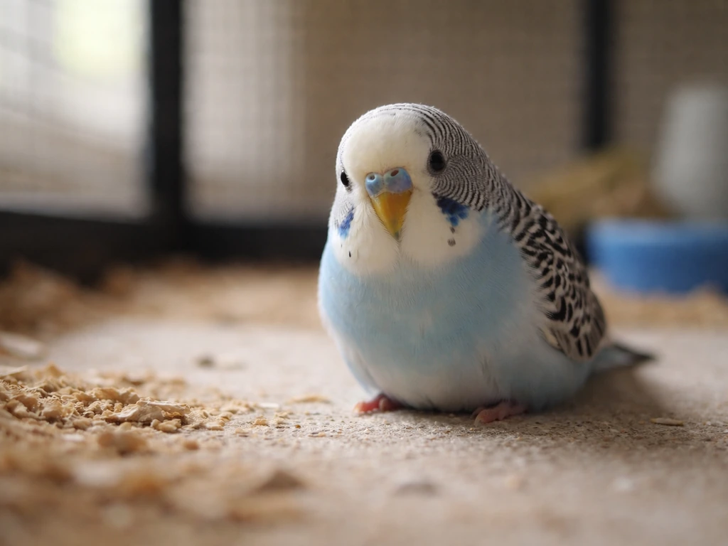 A small pet bird sits on the ground of its enclosure, alert with a subtle concerned look.