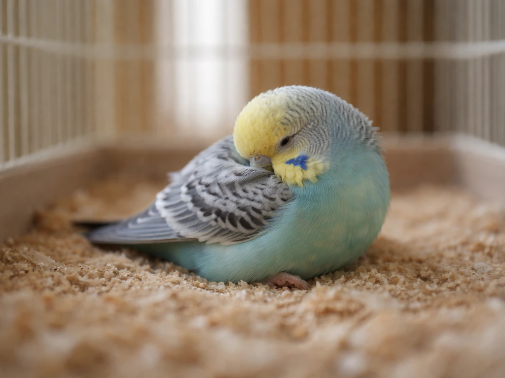 Small pet bird resting low in its cage with one foot tucked and head tucked into feathers