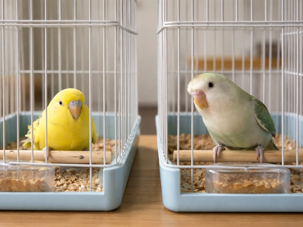 Two pet birds side-by-side: one sits low and calm, the other more alert and responsive.