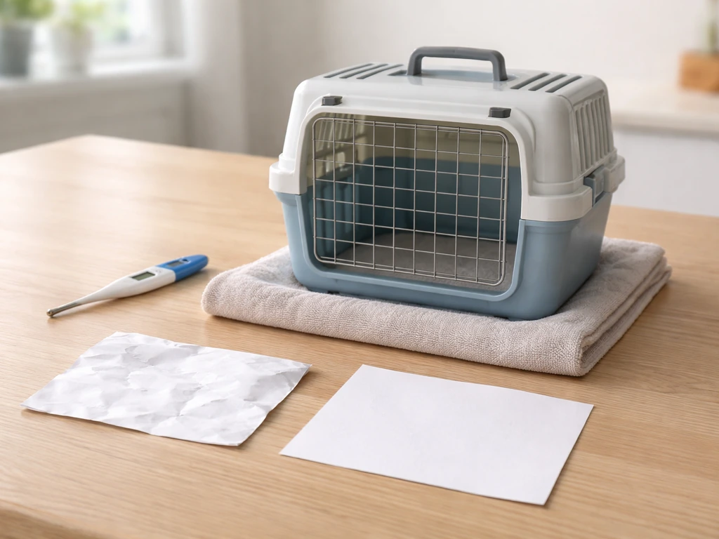 At-home bird triage items on a table: empty carrier, thermometer, and clean paper for droppings check.