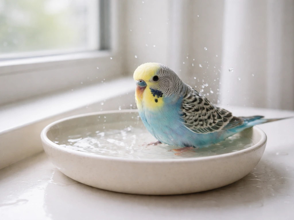 Small pet bird bathing in a shallow dish of lukewarm water, mist droplets on its feathers.