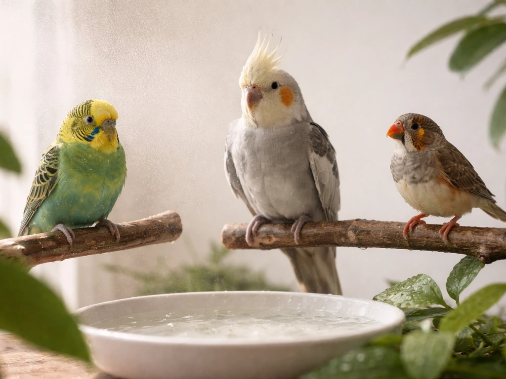 Three small pet birds (budgie, cockatiel, finch) near a shallow misting dish in a bright indoor room.