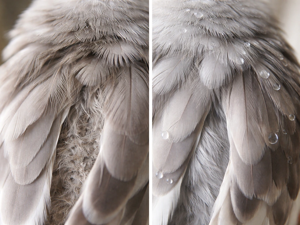 Close-up split image of a bird’s feathers: dry and dusty on one side, cleaner and aligned after bathing on the other.