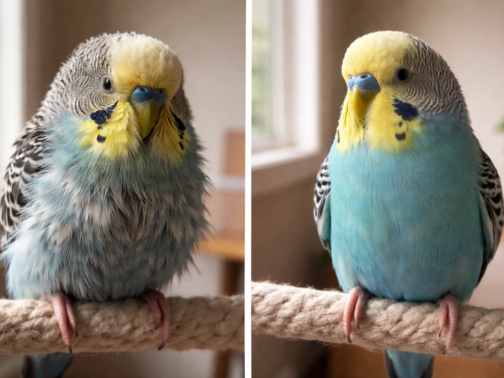 Unkempt, fluffed-feather bird looking listless beside a clean, alert bird on a simple perch.