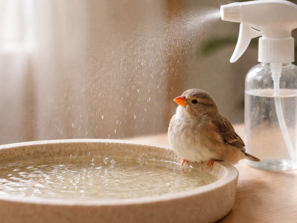 Small finch perched by a shallow bird bath as fine mist falls like light rain.