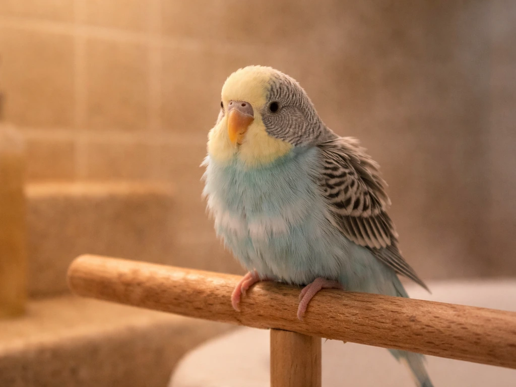 Small pet bird perched near warm bathroom humidity, naturally air-drying after a bath with no towel contact.