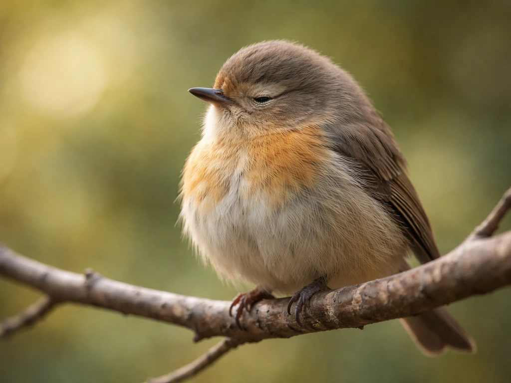 Small songbird perched on a branch with both eyes gently closed in calm relaxation.