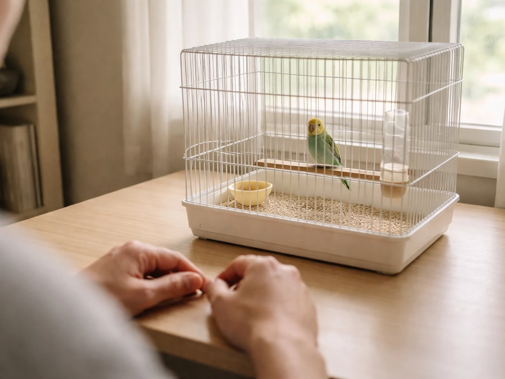 Person calmly steps back to inspect a pet bird’s eye from a safe distance in a simple room.