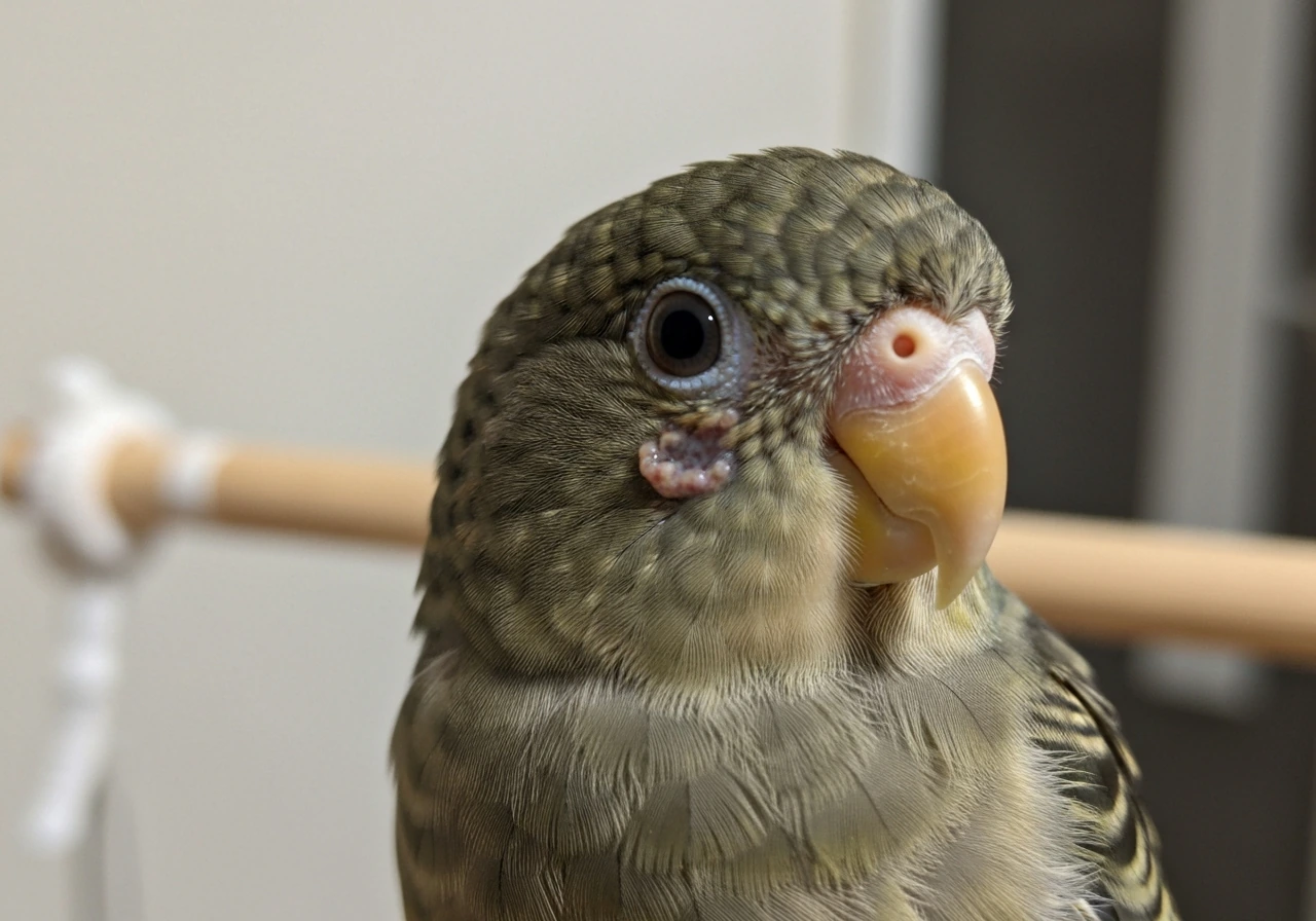 Close-up of a small bird’s eye with slight watery discharge, soft feathers in focus, urgent veterinary feel