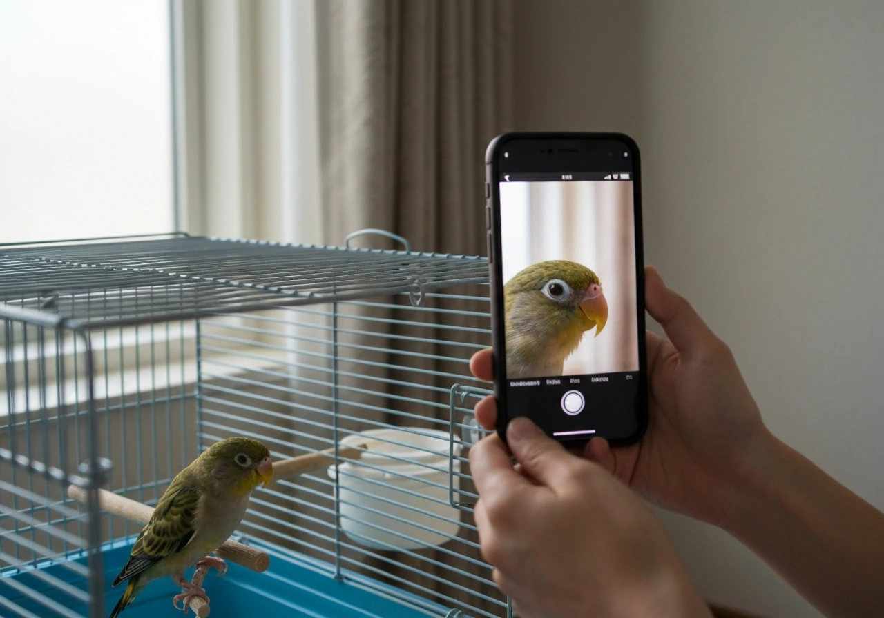 Close-up of a small pet bird in a tidy cage area while a phone records its eye behavior