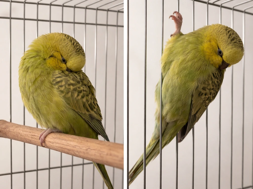 Small bird perched and hanging upside-down on cage bars, showing normal vs unusual sleeping postures.
