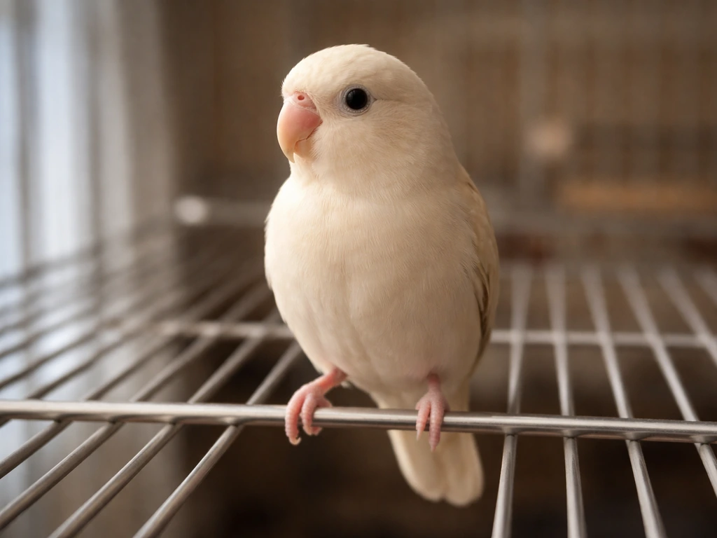 Small bird gripping metal cage bars with steady upright posture and aligned body