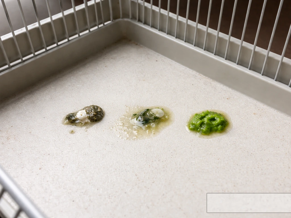 Overhead view of a bird cage floor showing normal dark-and-white droppings plus watery and greenish droppings.