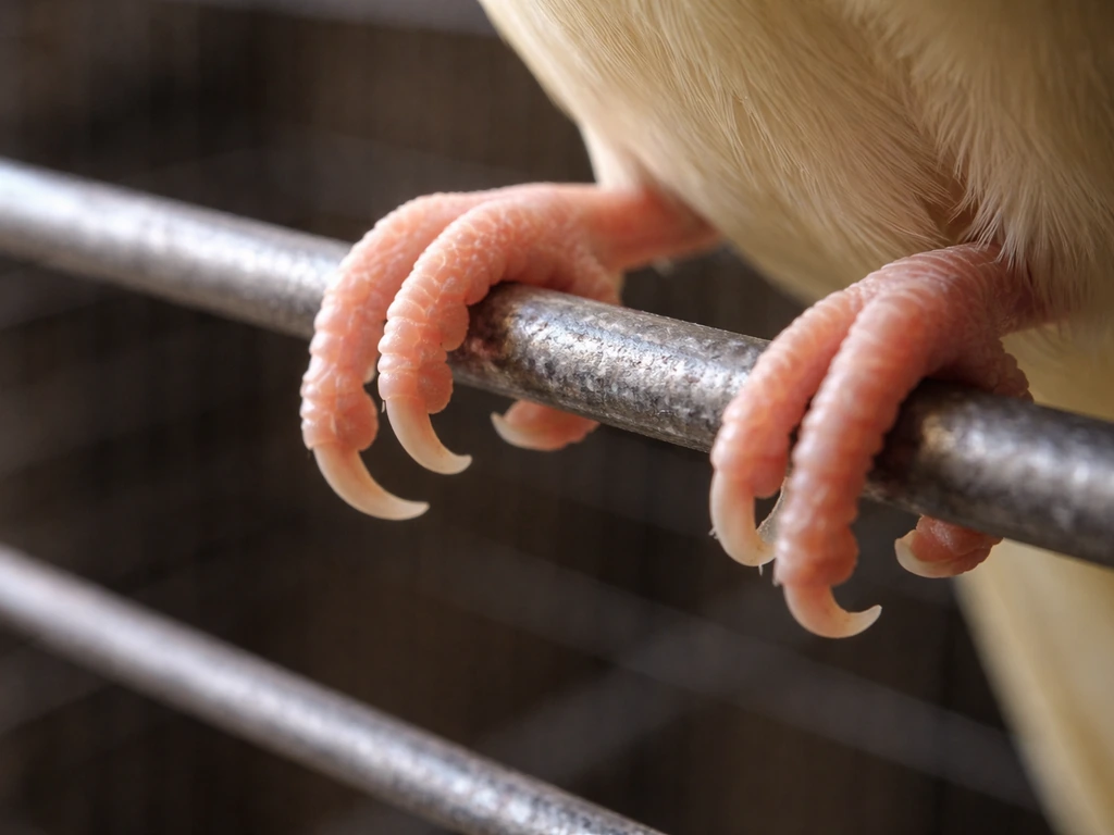 Close-up of an uncluttered bird cage area showing a small bird foot and ankle on a bar, focusing on contact points.