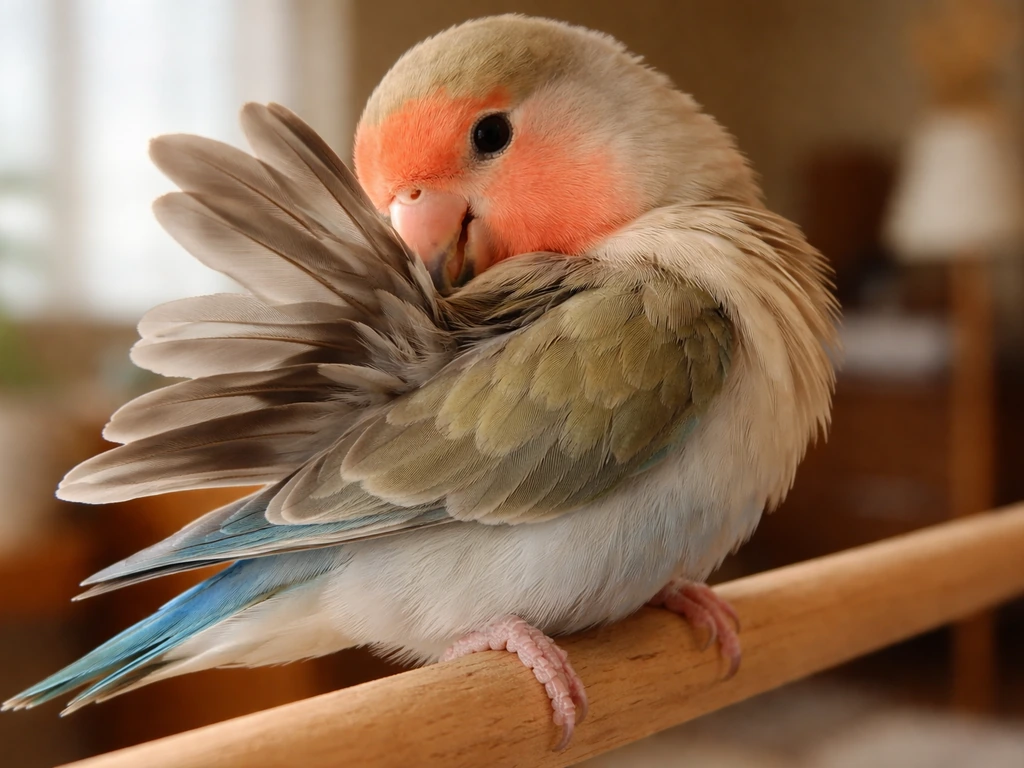 Close-up of a small pet bird preening its feathers on a wooden perch indoors.