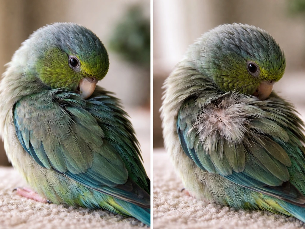 Two views of a small pet bird grooming: calm methodical preening on the back vs disturbed over-groomed feathers.