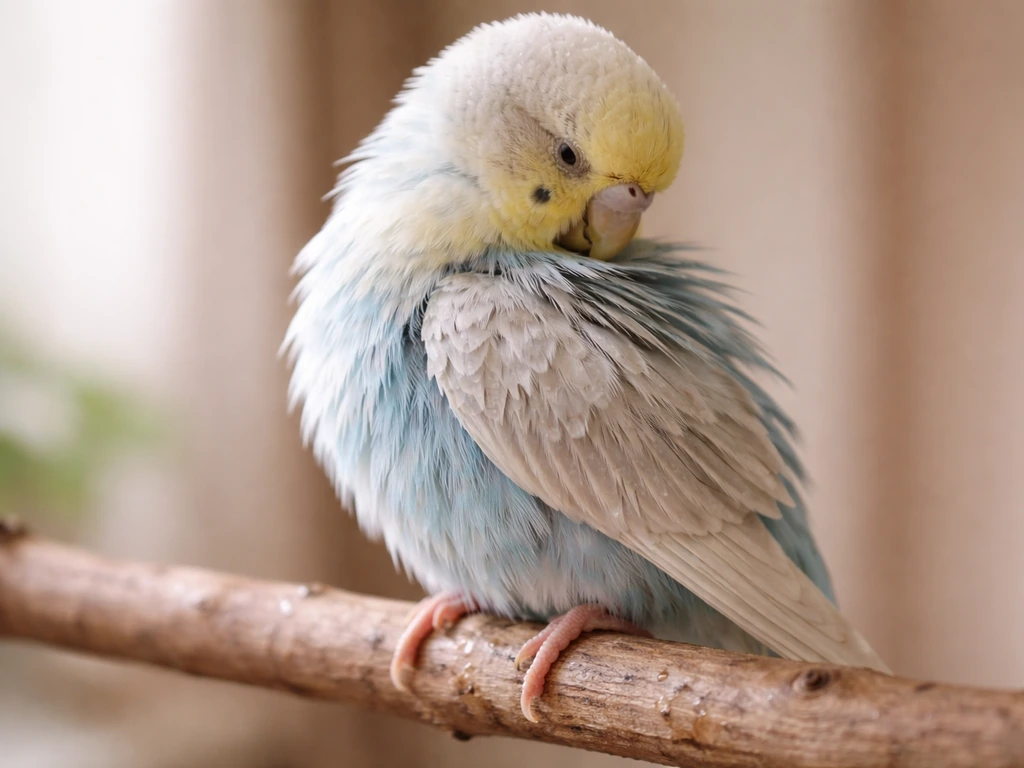 Small bird damp-feathered after a bath, preening as its feathers settle in a calm indoor setting