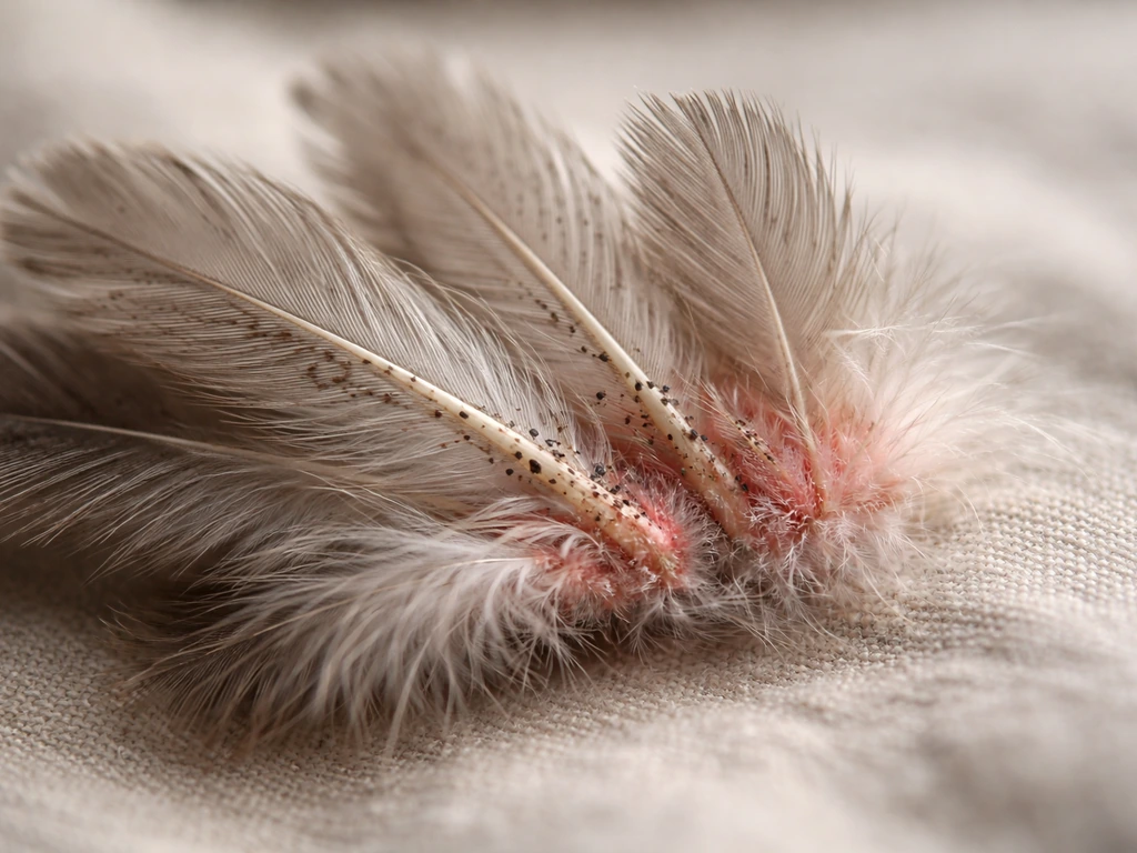 Close-up of bird feathers with subtle specks and slight irritation cues along feather shafts