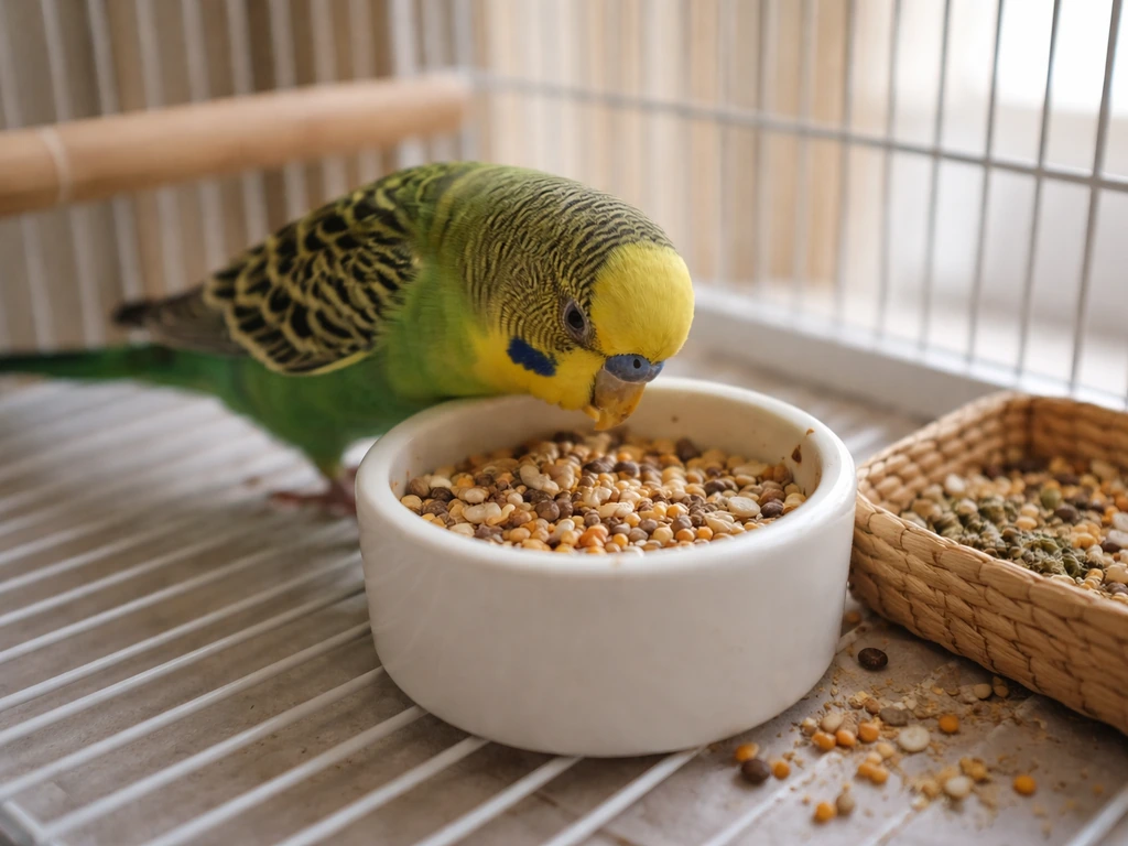 A small pet bird pecking at a seed bowl inside its cage in bright natural light.
