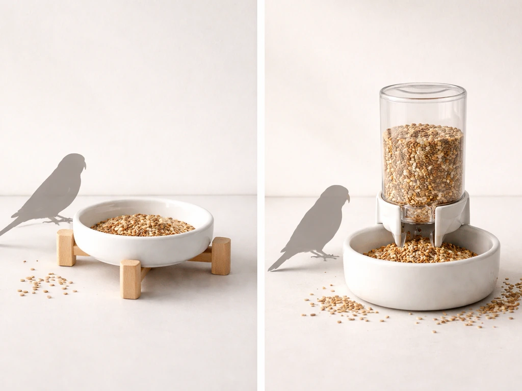 Side-by-side simple bird feeding setups showing normal short bursts versus constant eating access.