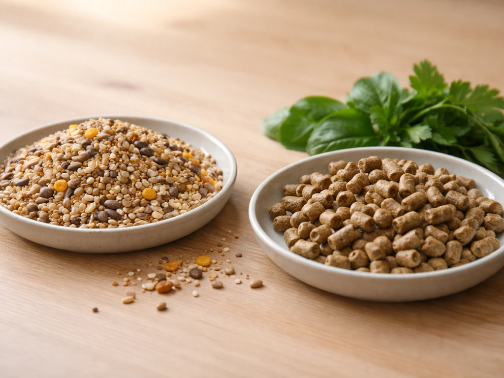 Close-up of loose seeds beside pellets and fresh greens to suggest larger eating volume for seed-heavy diets.